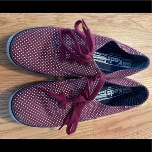 Ladies Keds, size 9 red/maroon with white polka dots.